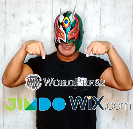 WordPress　Jimdo　Wix　のロゴを指さすグレカイ